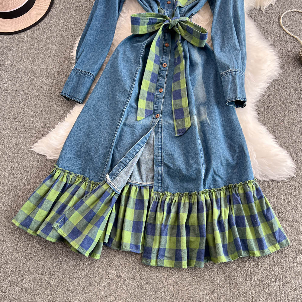Niche Plaid Patchwork Denim Dress