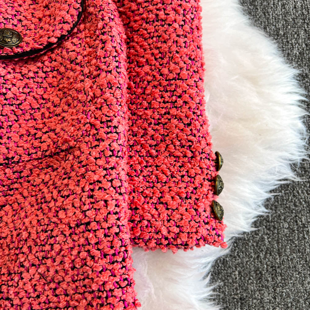 Kare Yaka Pembe Tweed Örme Elbise