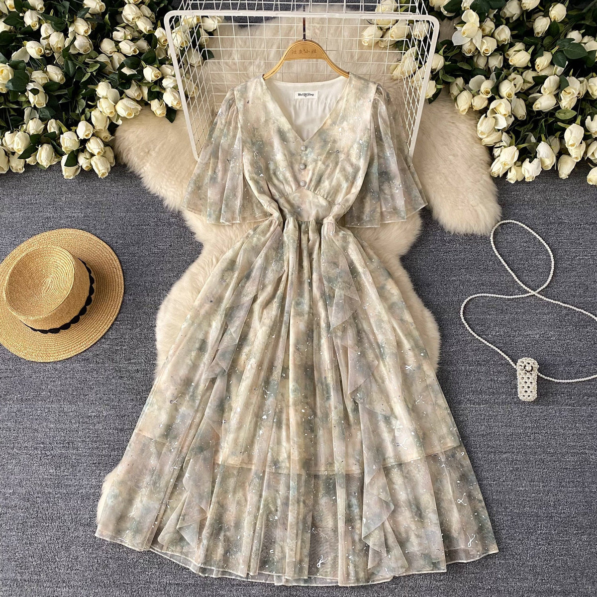 Sequined Floral Printed Ruffled Dress