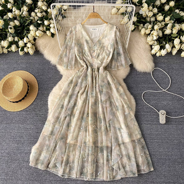 Sequined Floral Printed Ruffled Dress