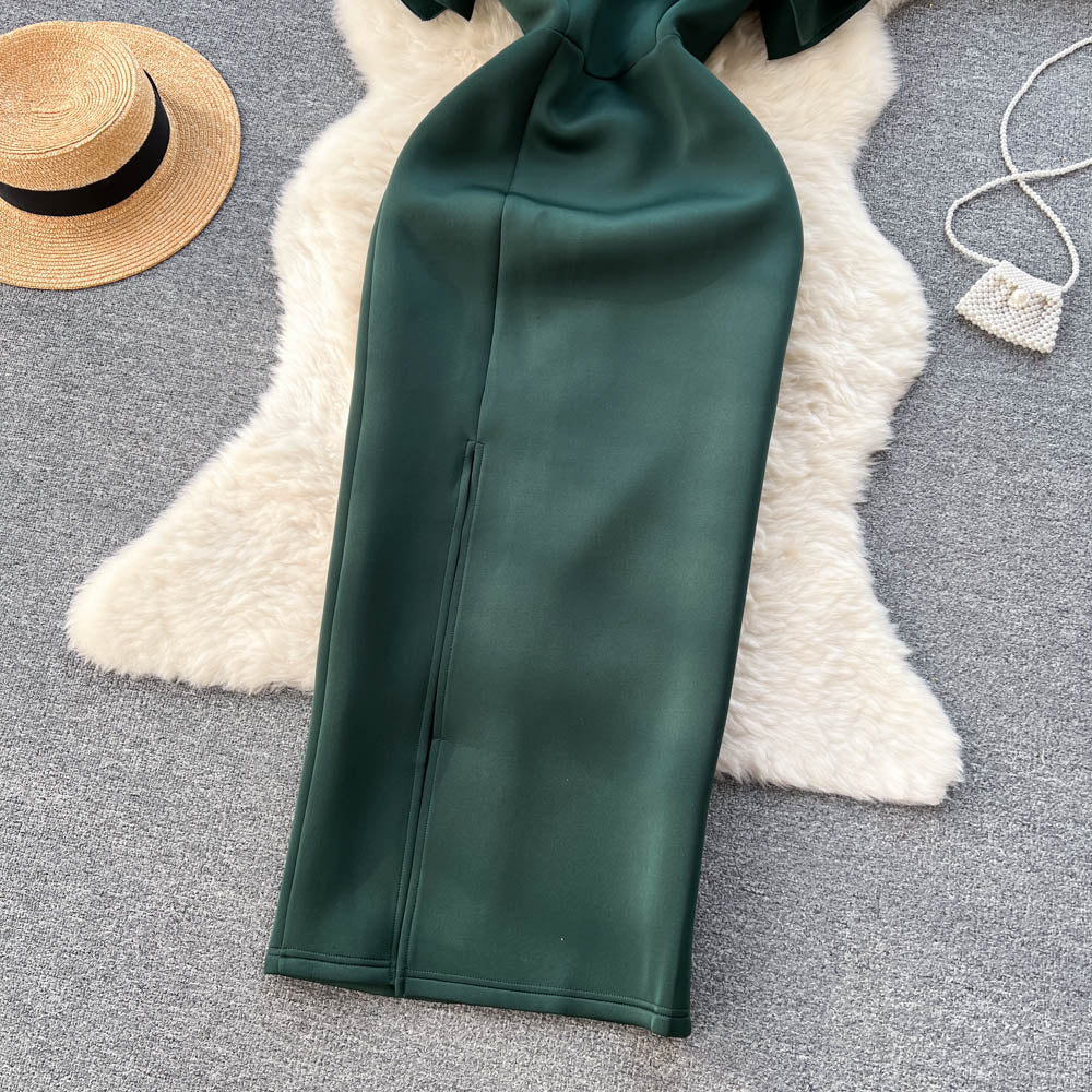 V-neck Ruffled Neckline Split Dress