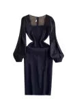 Square Neckline Black Mesh Dress
