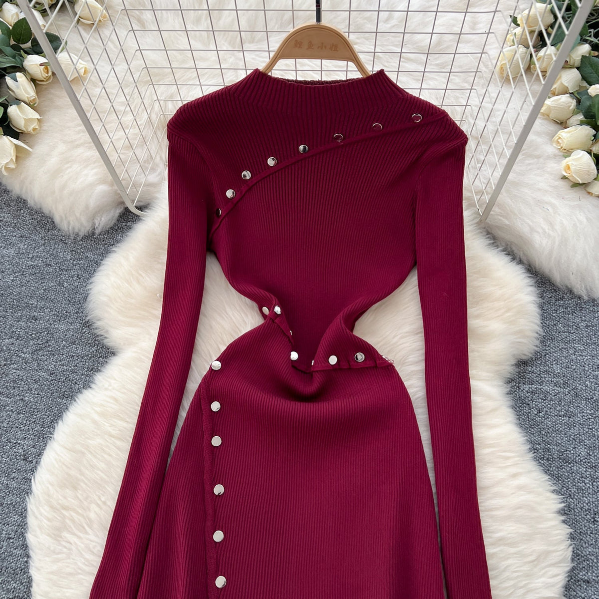 Half Turtleneck Metal Button Knitted Dress