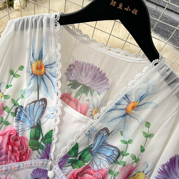 Deep V-neck Ruffled Floral Dress