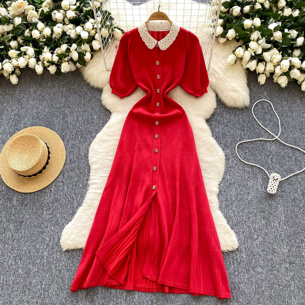 Doll Collar Single-breasted Knit Dress
