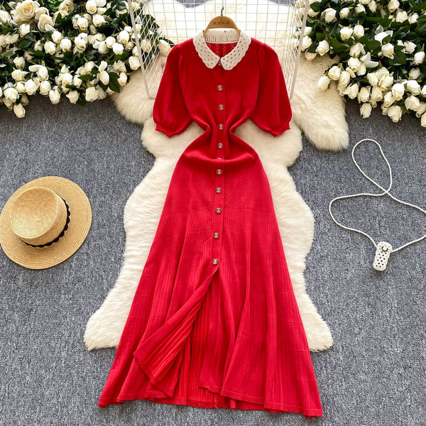 Doll Collar Single-breasted Knit Dress