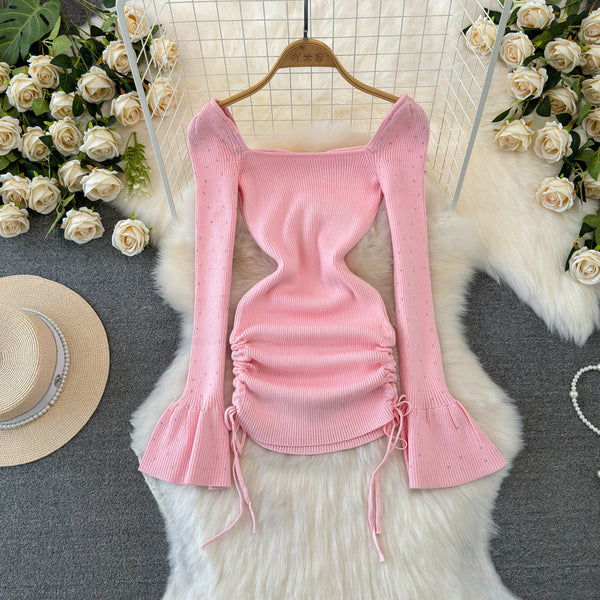 Square Neckline Beaded Knitted Dress