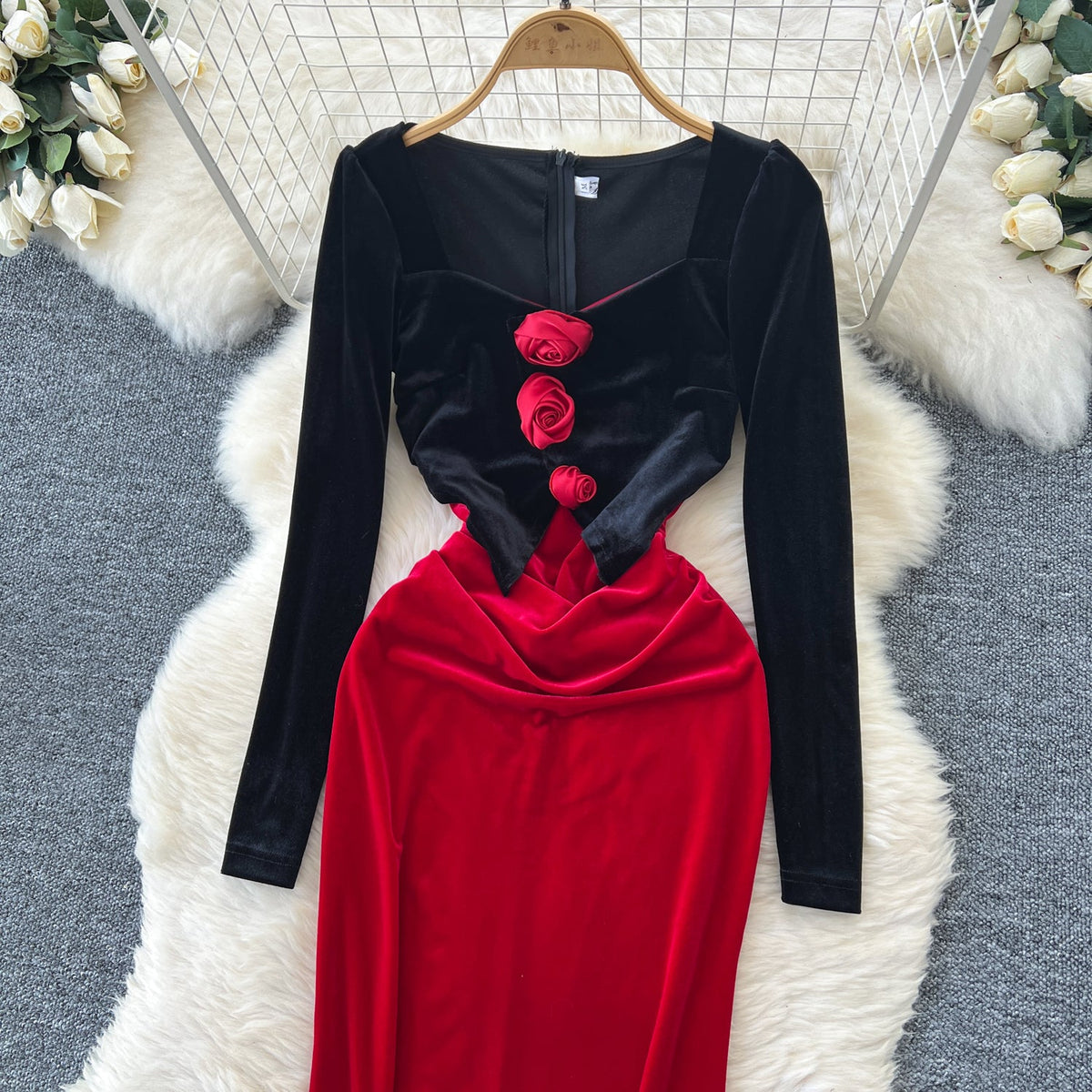 3D Floral Suede Patchwork Dress