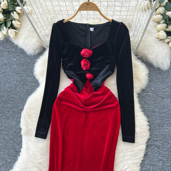3D Floral Suede Patchwork Dress