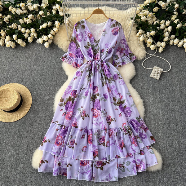 Vintage Lace-up Pleated Floral Dress