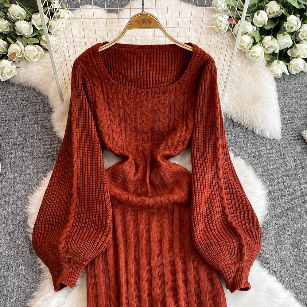 Square Collar Twist Knitted Dress