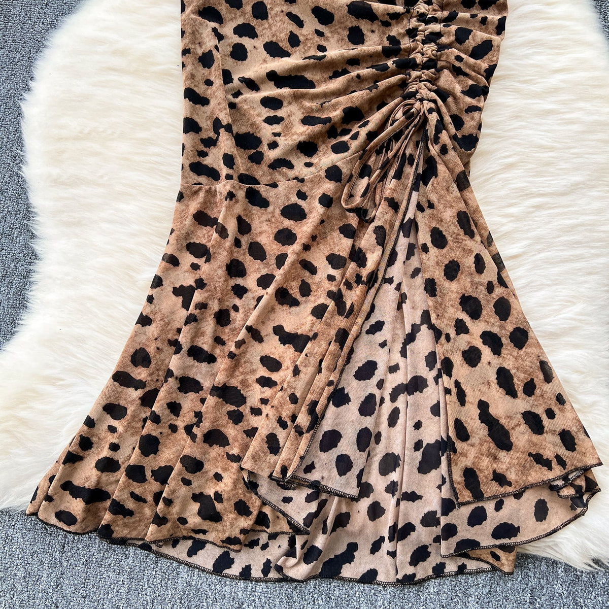 Elegant Printed Drawstring Fishtail Dress
