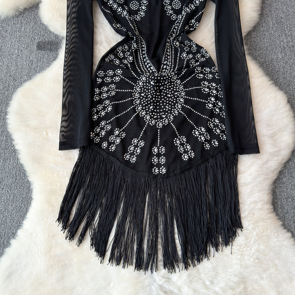 Parti Boncuklu Fringe Siyah Elbise