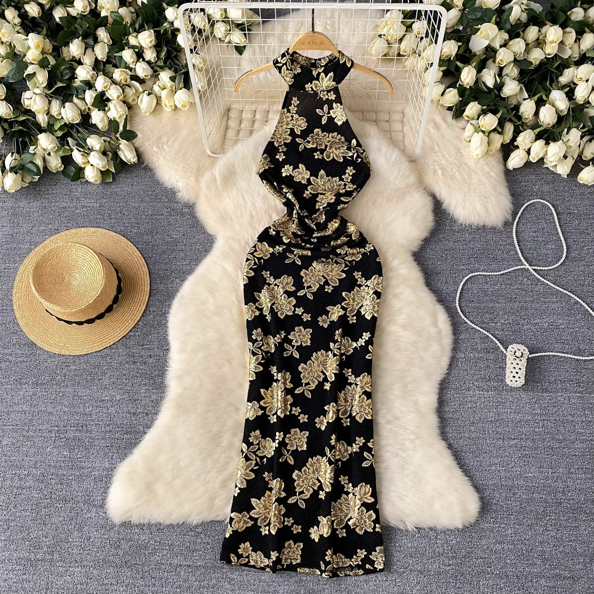 Sexy Gold Stamped Floral Black Dress