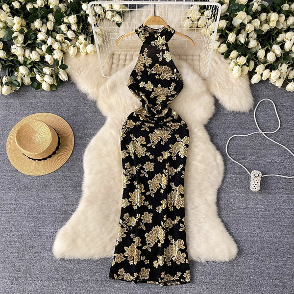 Sexy Gold Stamped Floral Black Dress