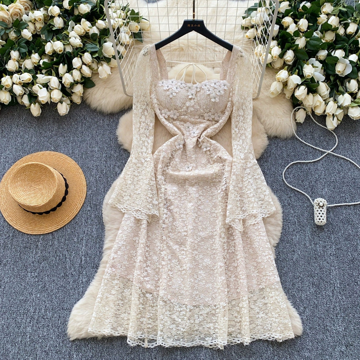 3D Floral Beaded Hollowed Lace Dress