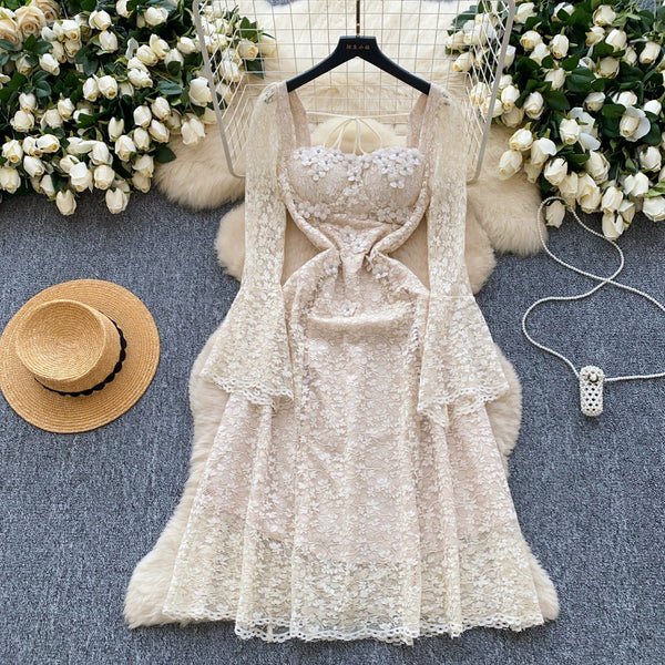 3D Floral Beaded Hollowed Lace Dress