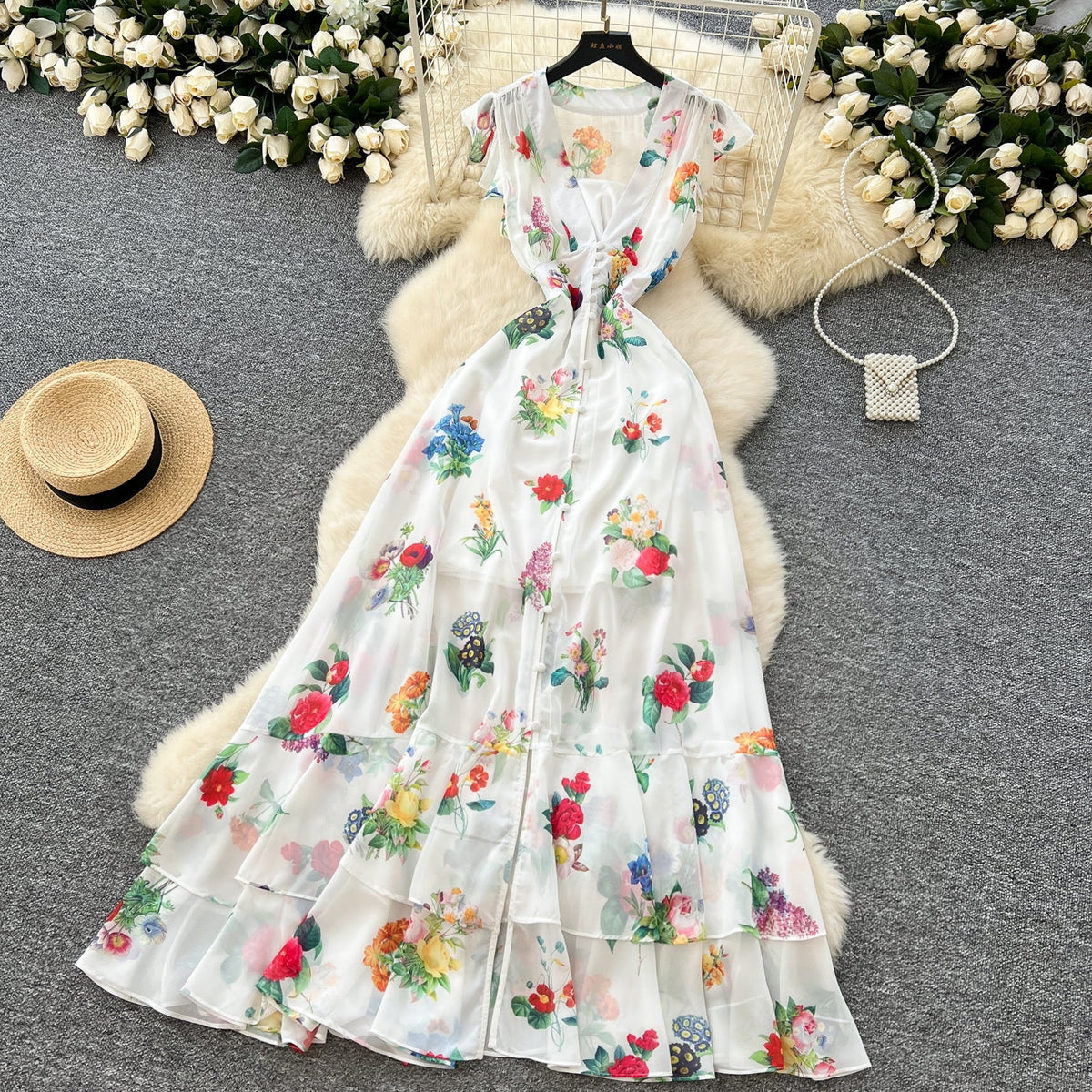 Deep V-neck Floral Chiffon Dress
