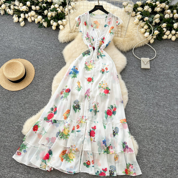 Deep V-neck Floral Chiffon Dress