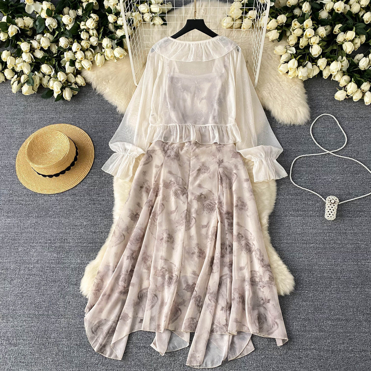 Sunscreen Cardigan&Floral Slip Dress 2Pcs