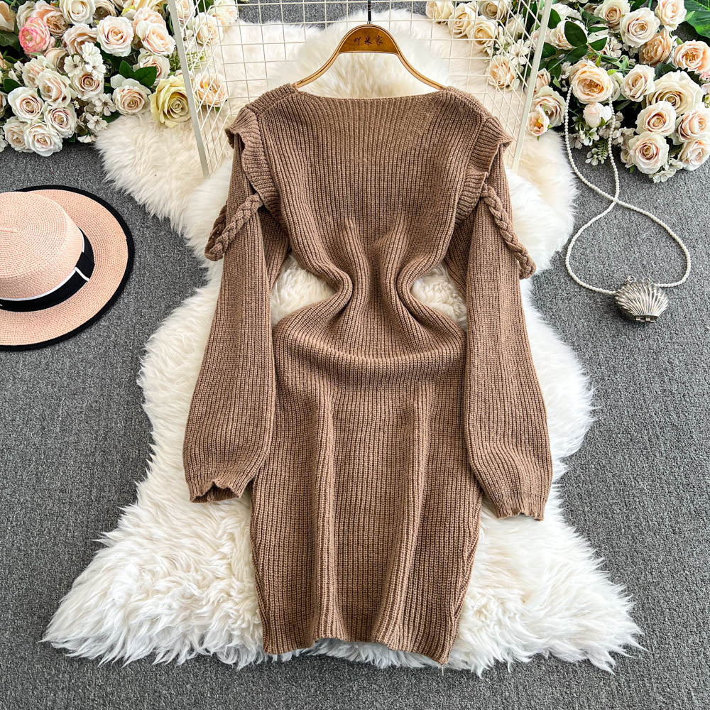 Ruffled Patchwork Khaki Knitted Dress