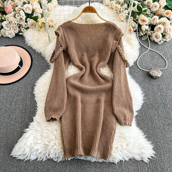 Ruffled Patchwork Khaki Knitted Dress