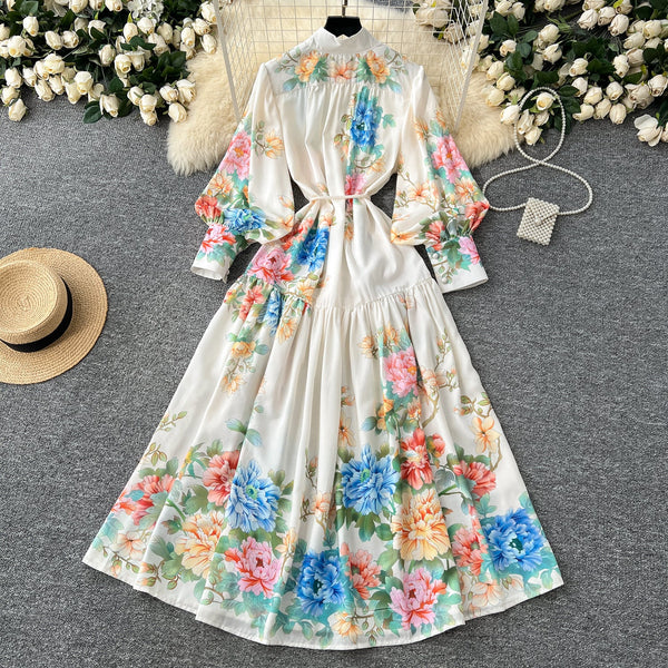 Courtly Lace-up Floral Shirt Dress