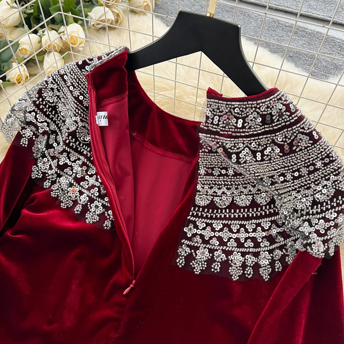 Beaded Collar Loose-fit Suede Dress