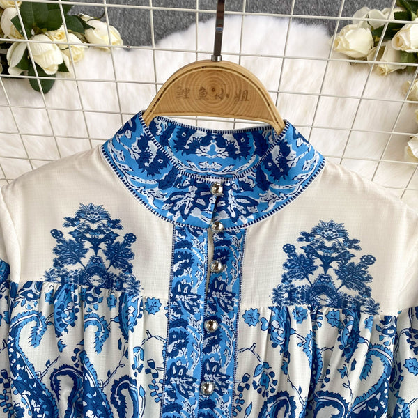 Courtly Floral Long-sleeve Ruffled Dress