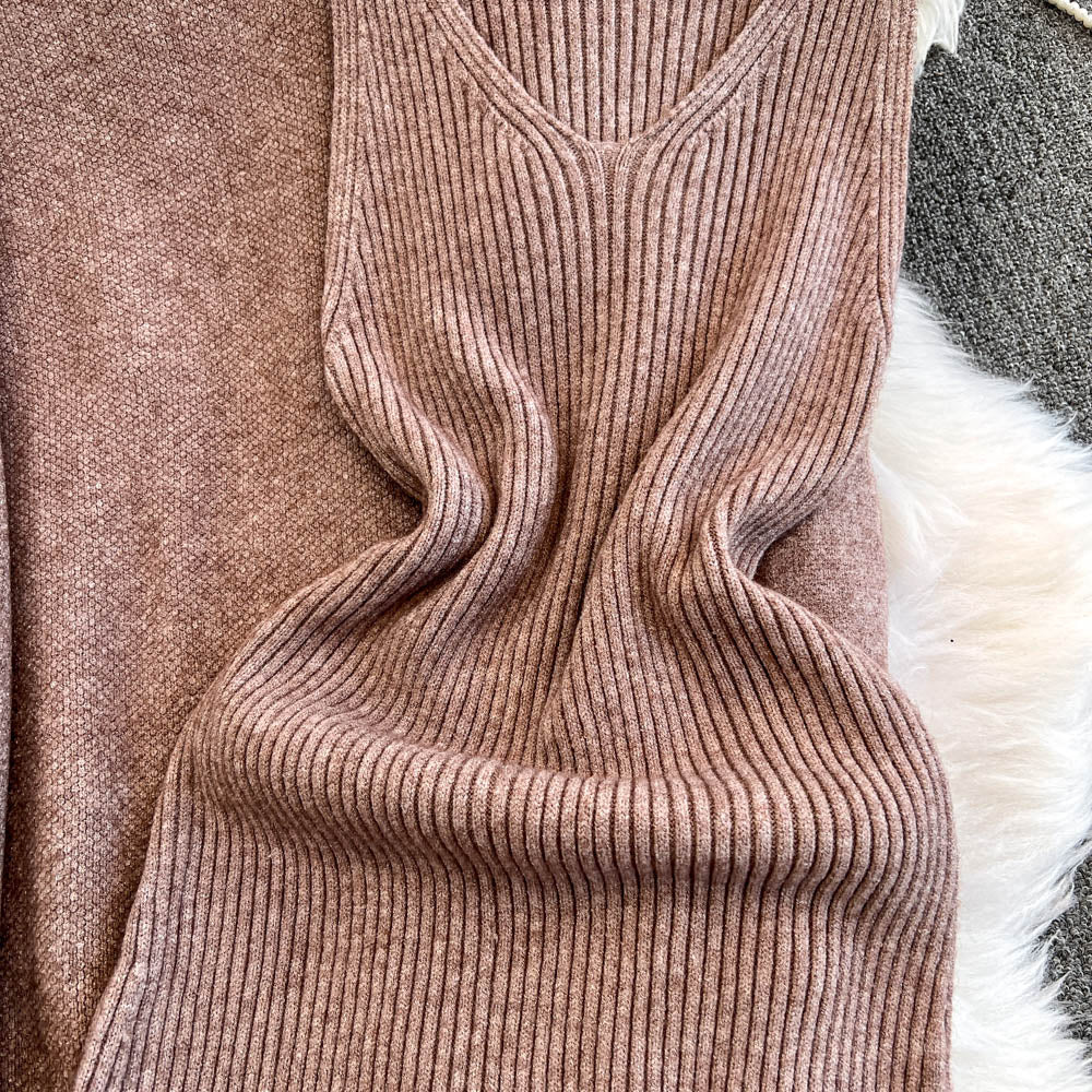 Openwork Cardigan&Vest Dress 2Pcs