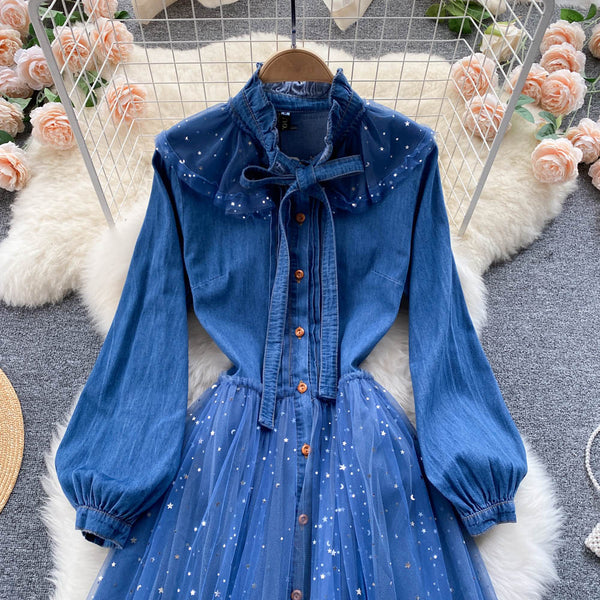 Niche Mesh Patchwork Denim Shirt Dress