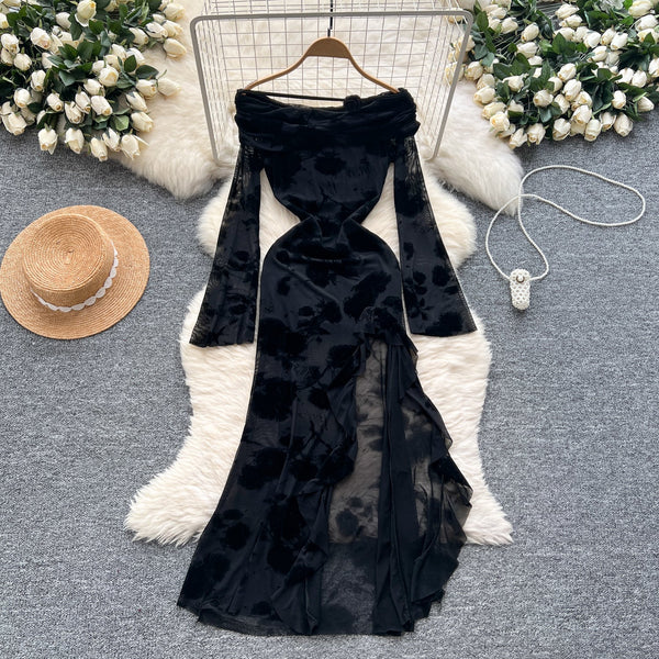 Asymmetric Embroidered Floral Black Dress