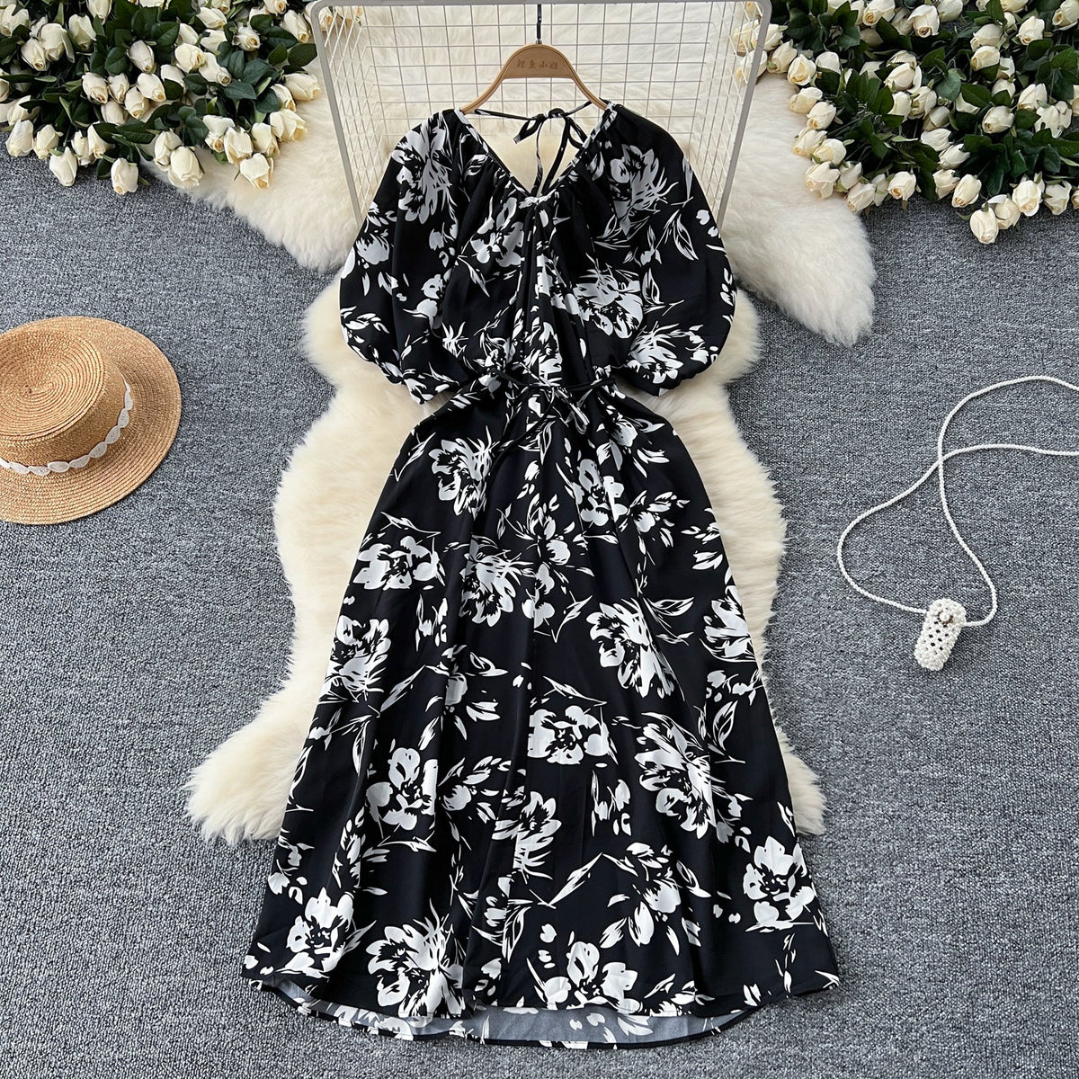 V-neck Pattern Printed Vintage Dress