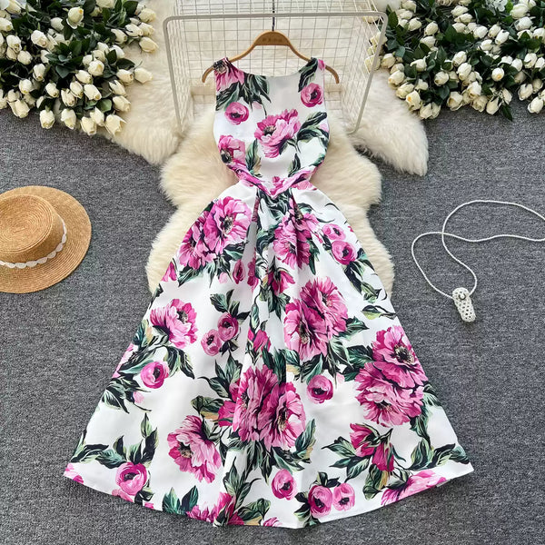 Vintage Sleeveless Floral Printed Dress