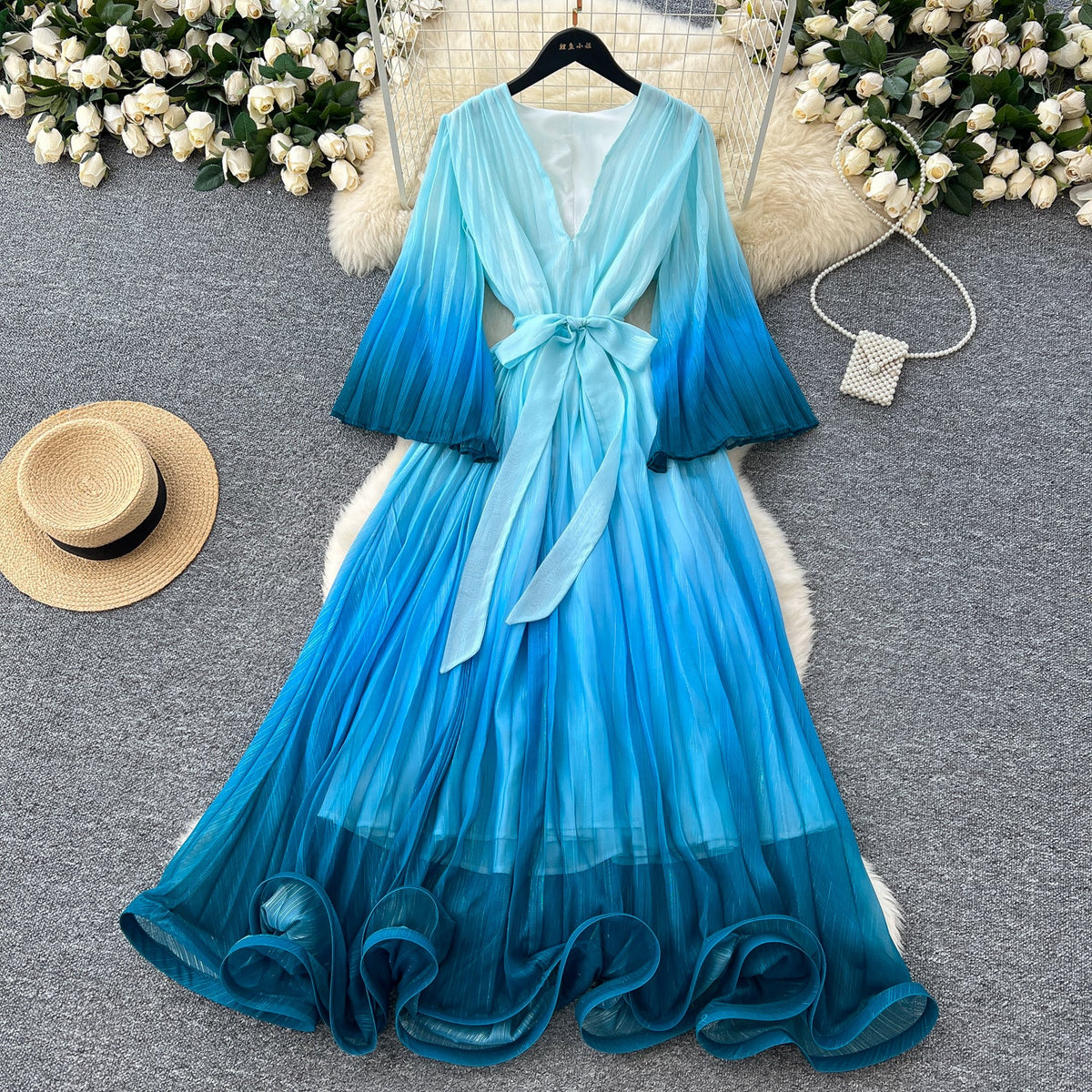 Gradient Color V-neck Fairy Dress