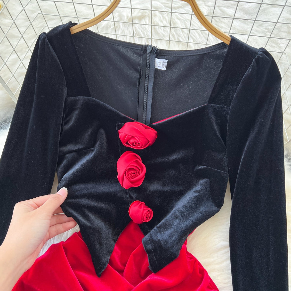 3D Floral Suede Patchwork Dress