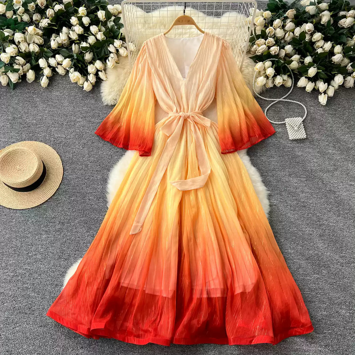 Gradient Color V-neck Fairy Dress