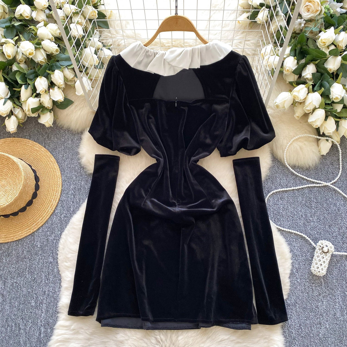 Vintage Beaded Gold Velvet Black Dress