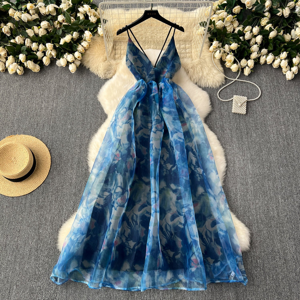Baskılı Kesim Kabartmalı Organze Slip Elbise