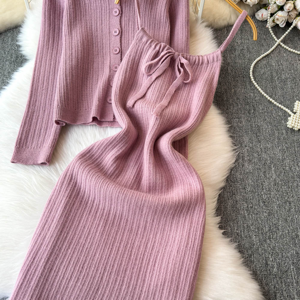 Cardigan&Lace-up Slip Dress Knitted 2Pcs