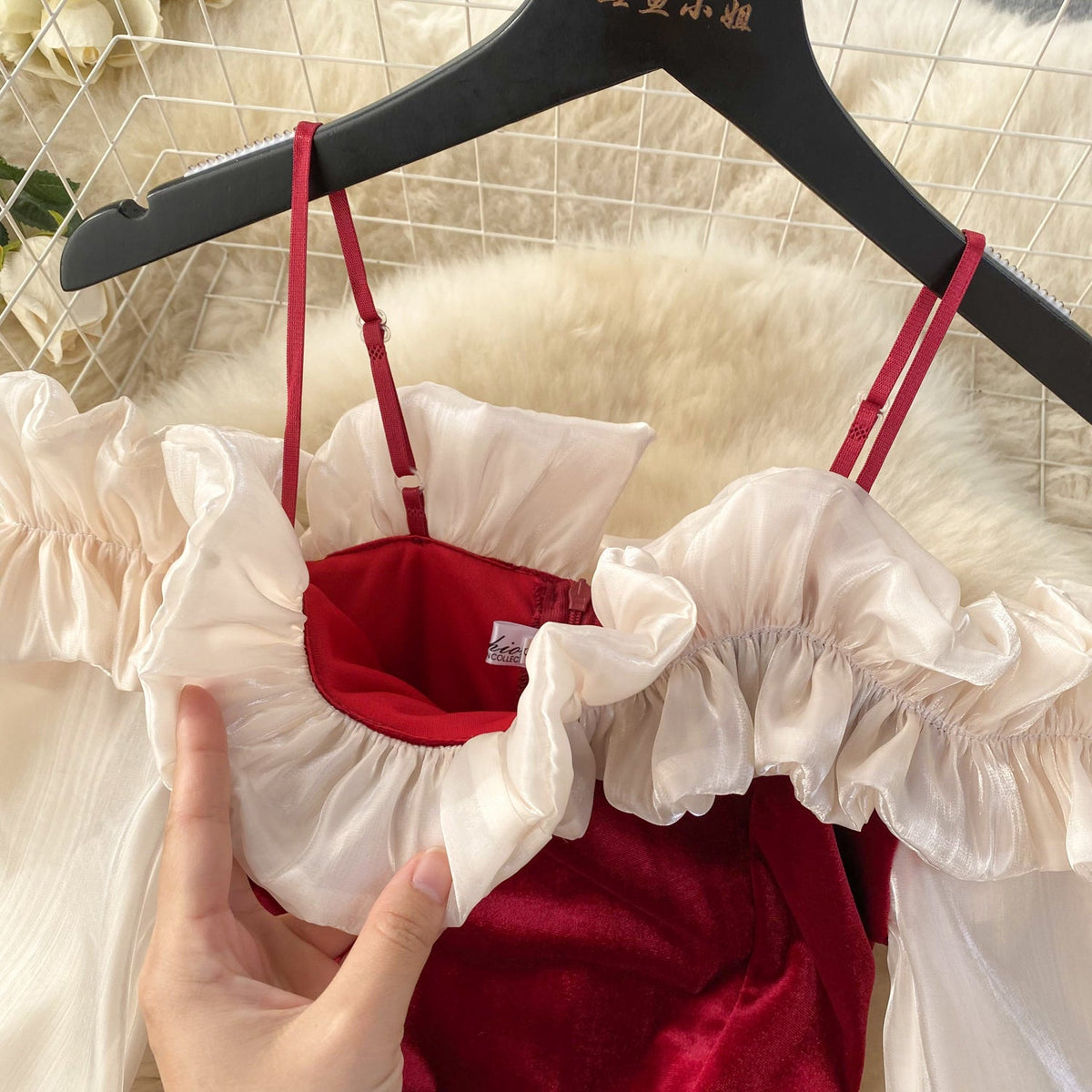 Mesh Ruffled Neckline Suede Slip Dress