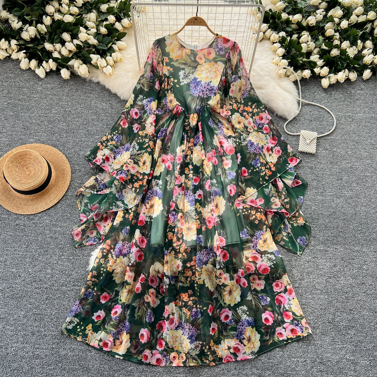 Courtly Colorful Floral Chiffon Dress