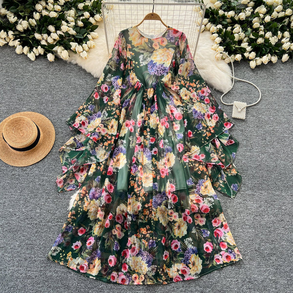 Courtly Colorful Floral Chiffon Dress