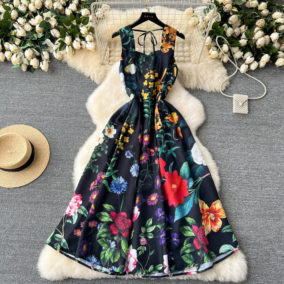 Delicate Floral Printed Vest Dress