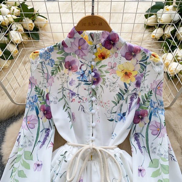 Stand Collar Floral Printed Shirt Dress