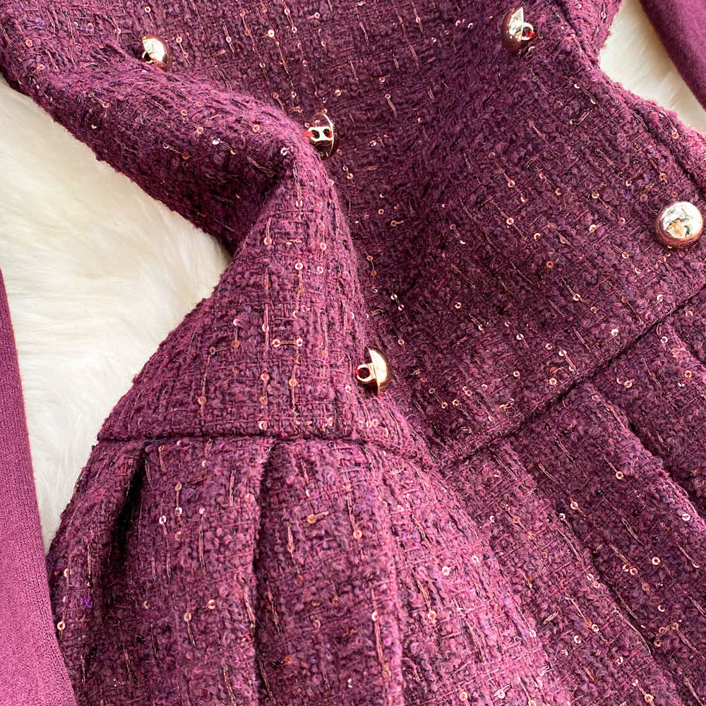 Sweater & Ruffled Tweed Vest Dress 2Pcs