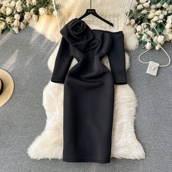 One-shoulder 3D Flower Slim Dress