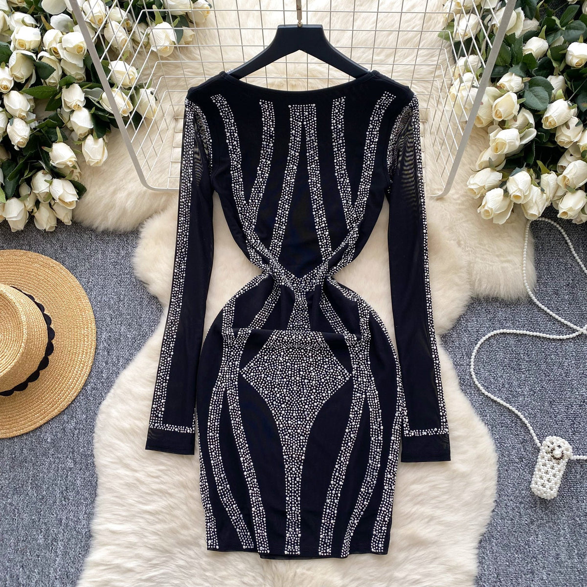 Vintage Rhinestone Studded Black Dress