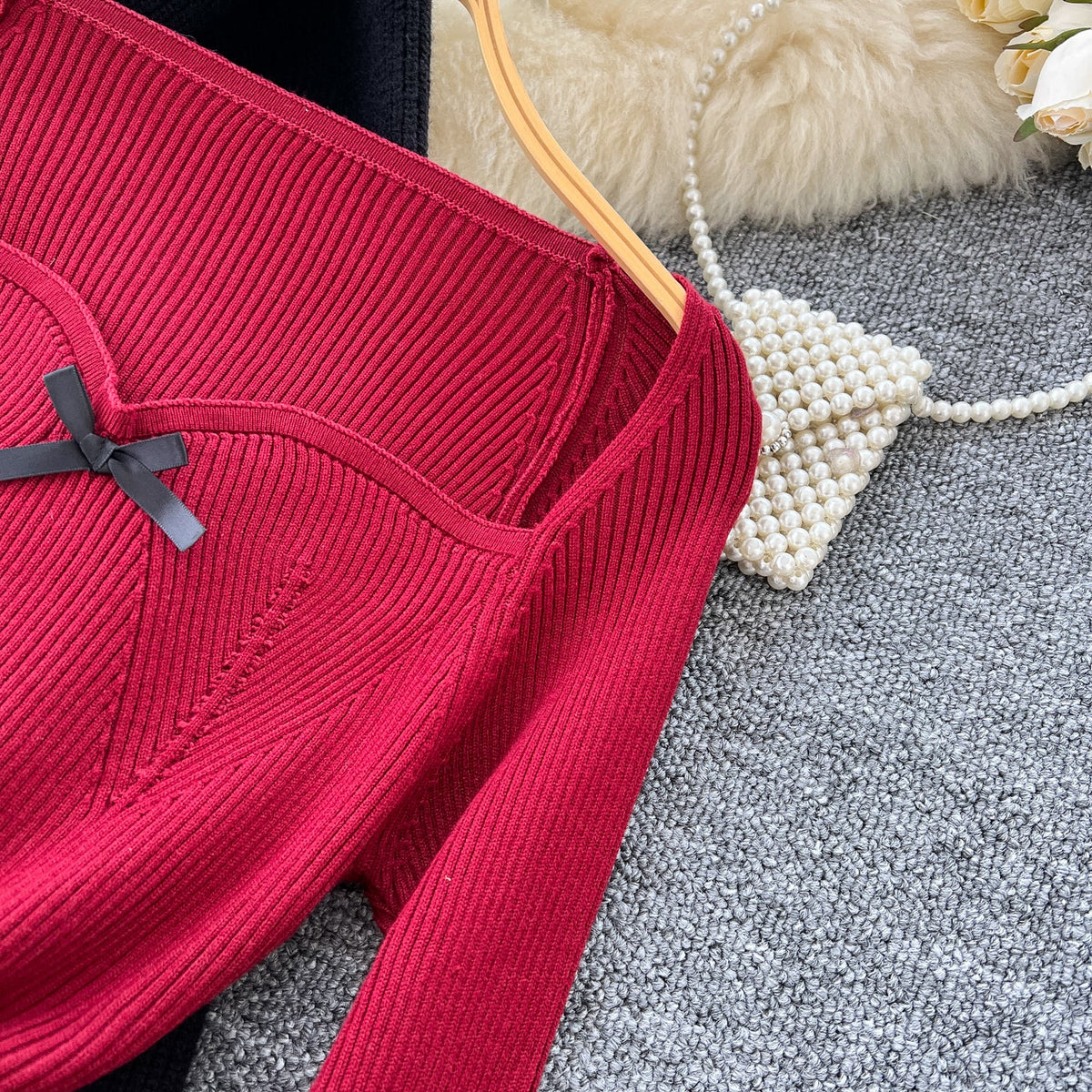 Red Knitted Dress&Lace-up Cardigan 2Pcs