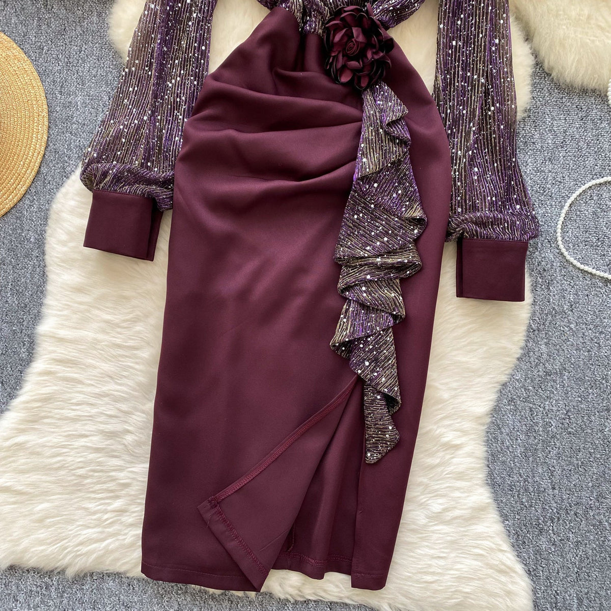 Sequined Mesh Patchwork Satin Dress